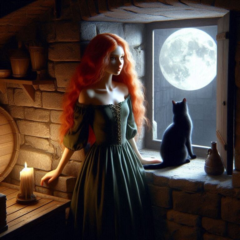 Petite Woman in Dungeon with Full Moon