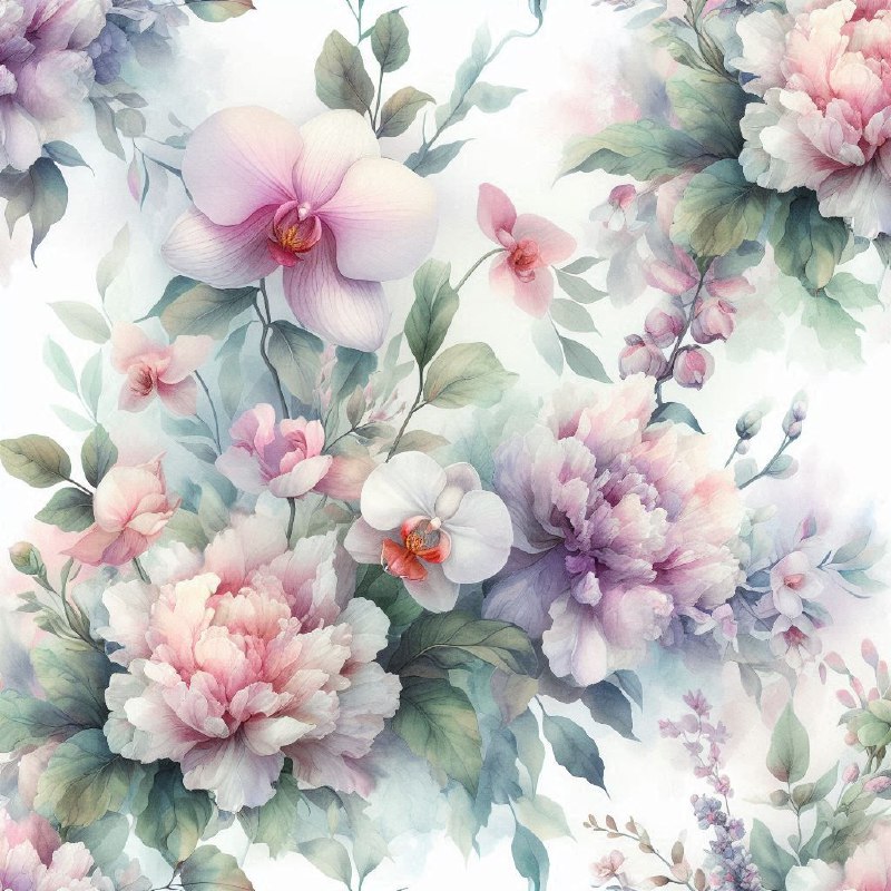 Watercolor Peonies and Orchids Seamless Pattern