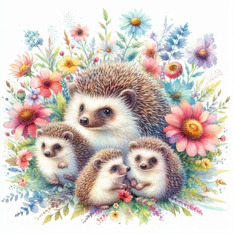 Mother Hedgehog with Young and Wildflowers