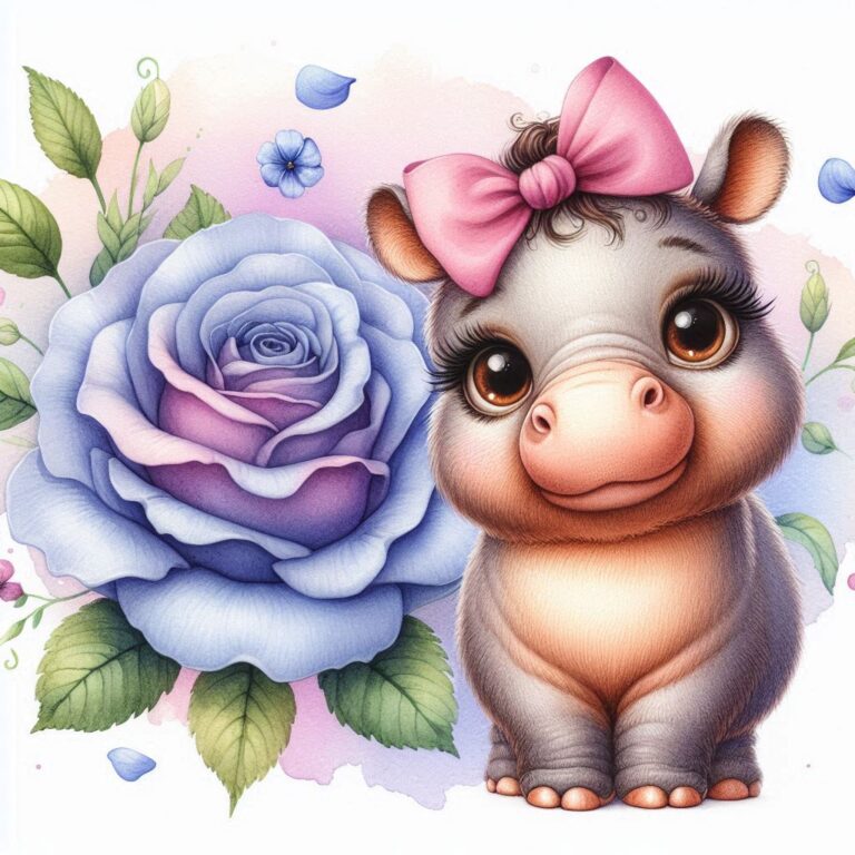 Hippopotamus with Blue Rose Illustration