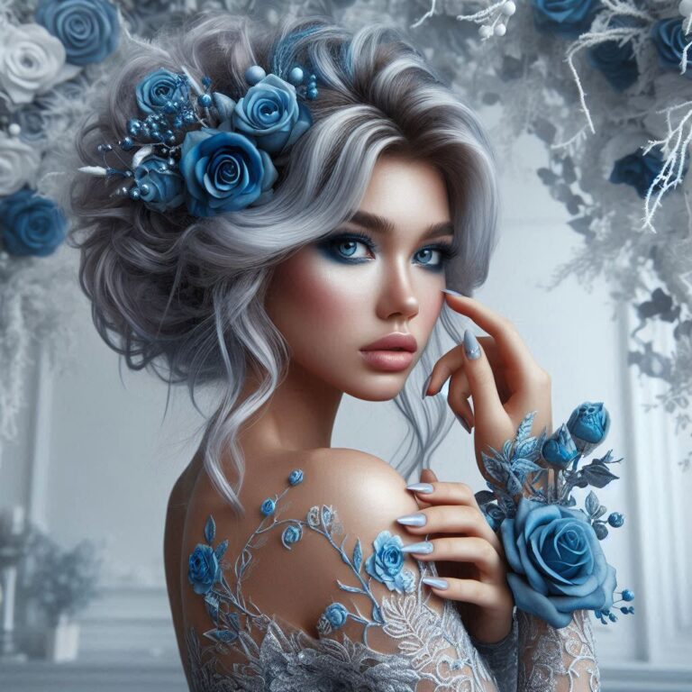 Woman with Blue Roses Under Lace Arch