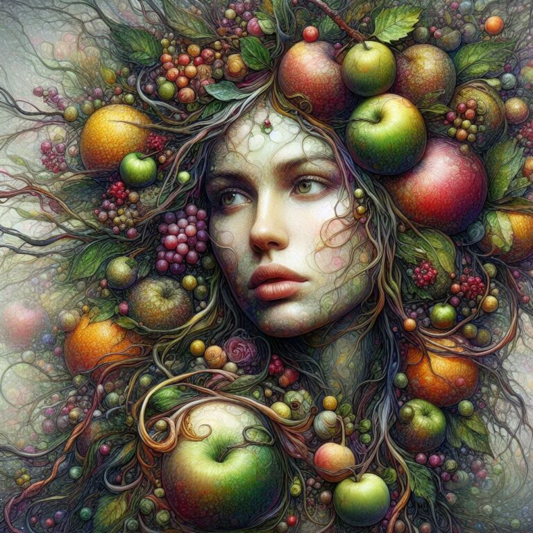 Surreal Woman Portrait with Fruits and Ivy