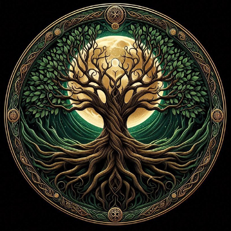Yggdrasil Tree Circular Design with Moon