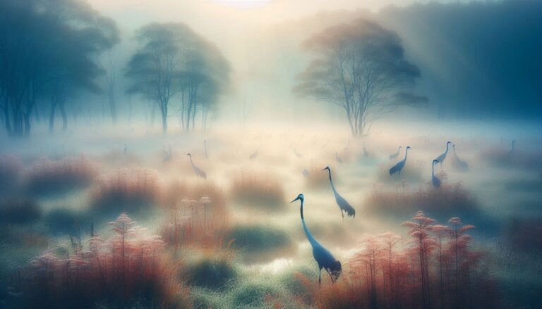 Ethereal Cranes in Dreamy Meadow