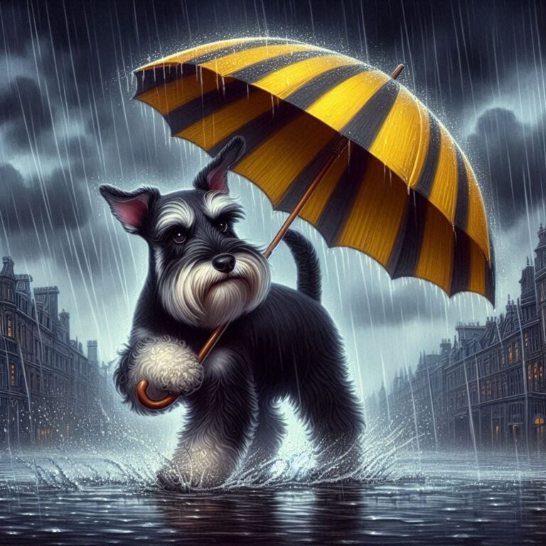 Schnauzer with Umbrella in Rain