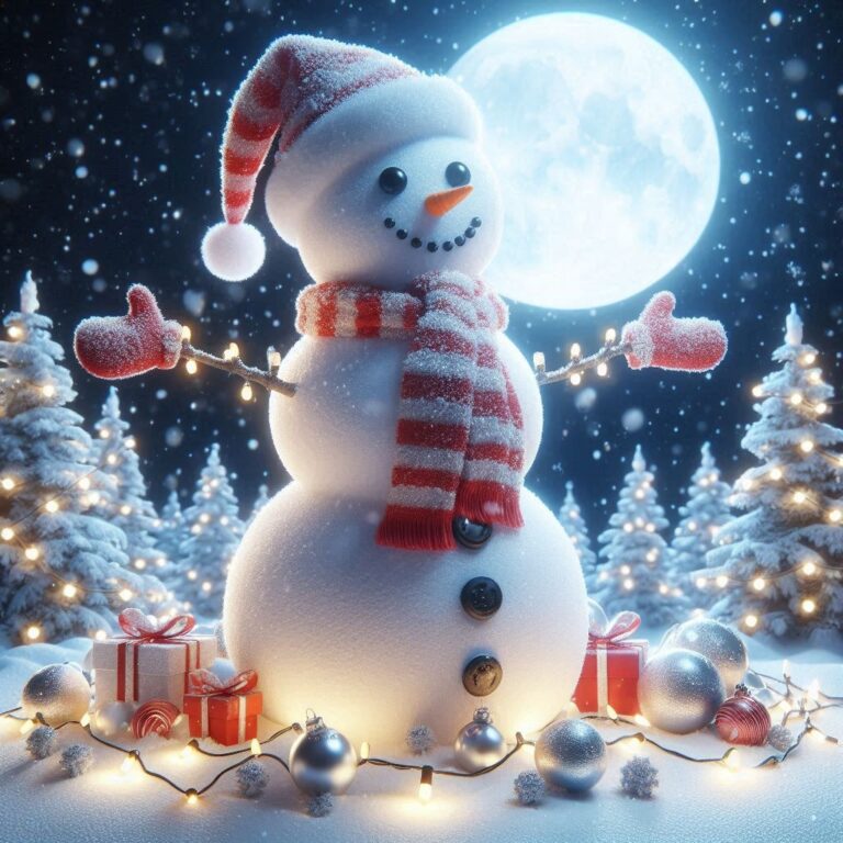 Realistic Snowman with Snow Arms and Christmas Lights
