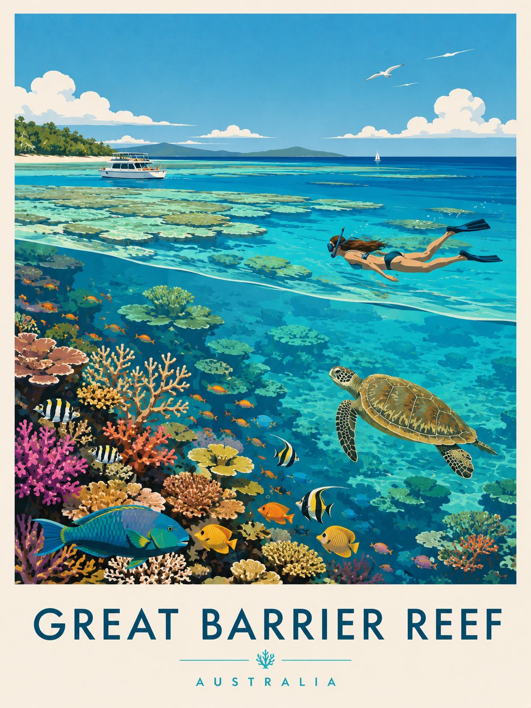Great Barrier Reef Retro Travel Poster