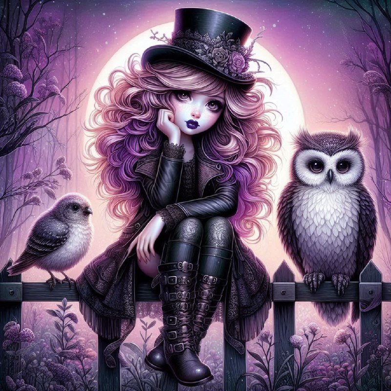 Whimsical Gothic Girl with Owl Companion