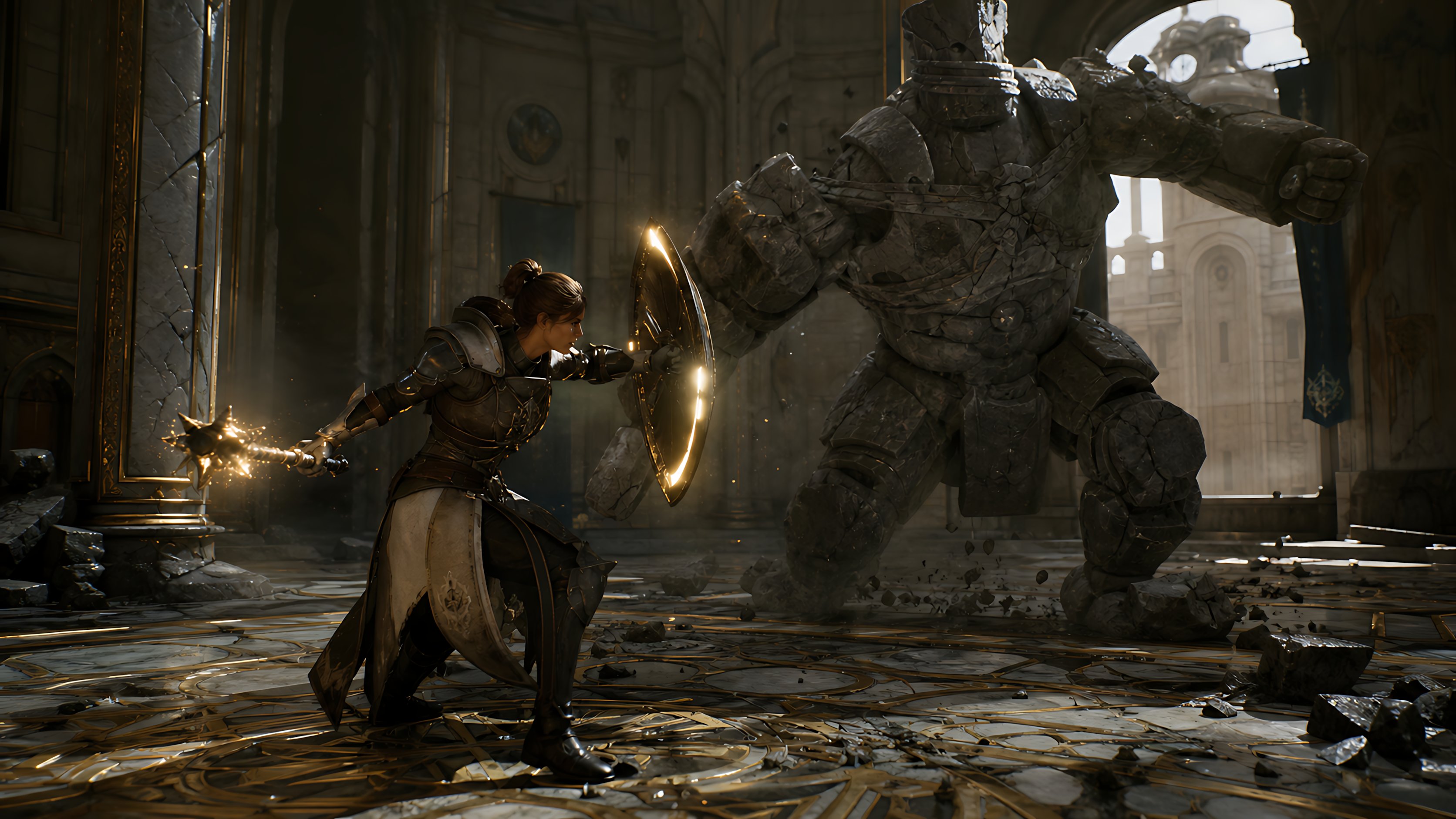 Knight and Mage Battle a Stone Golem