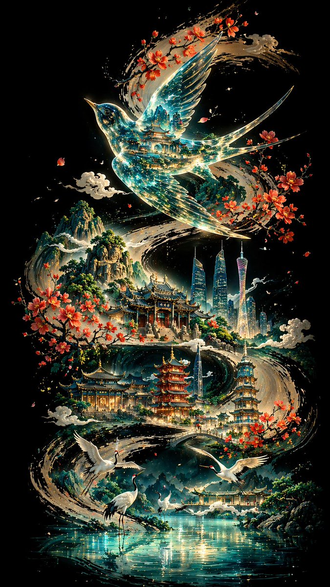 Glass Thrush Flying Over a Guangzhou Ink Scroll