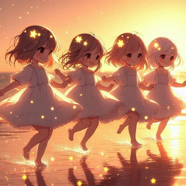 Anime Girls Dancing on Beach at Sunset