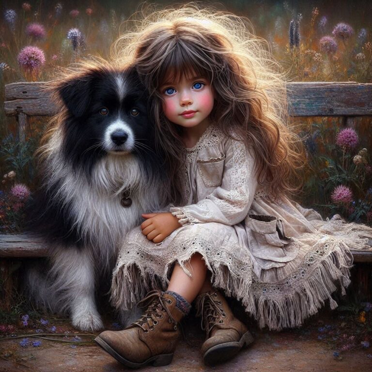 Child Snuggling Dog on Wooden Bench