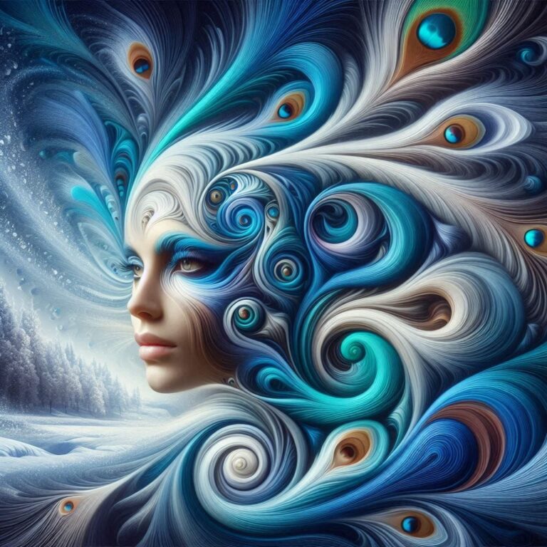 Surreal Face in Peacock Feather Landscape