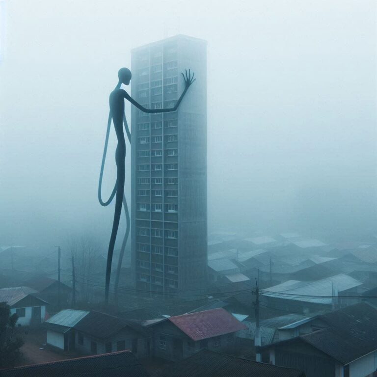 Creepy Creature Climbing Misty Building