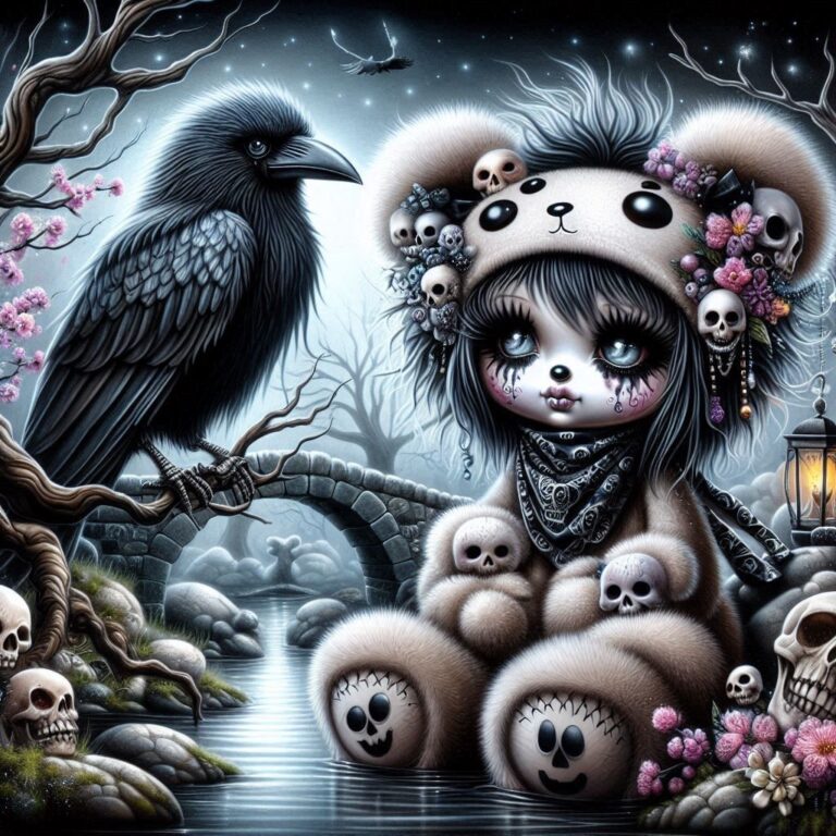 Gothic Whimsical Scene with Crescent Moon