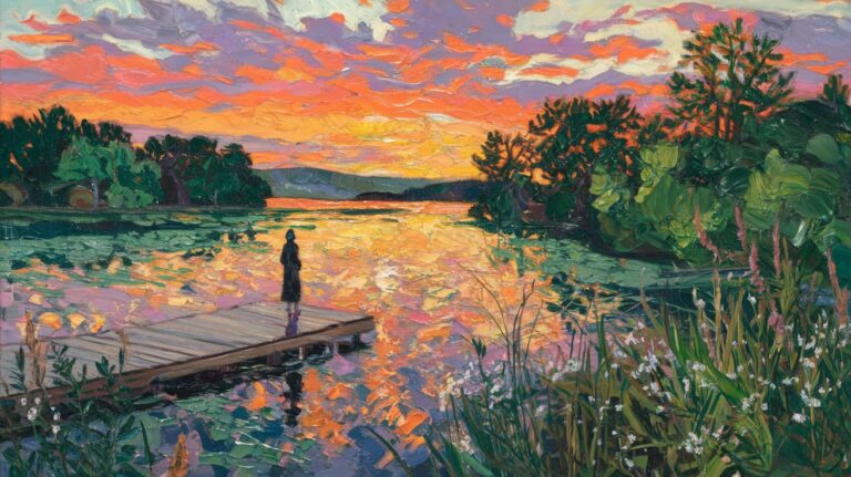 Serene Lake Sunset with Solitary Figure