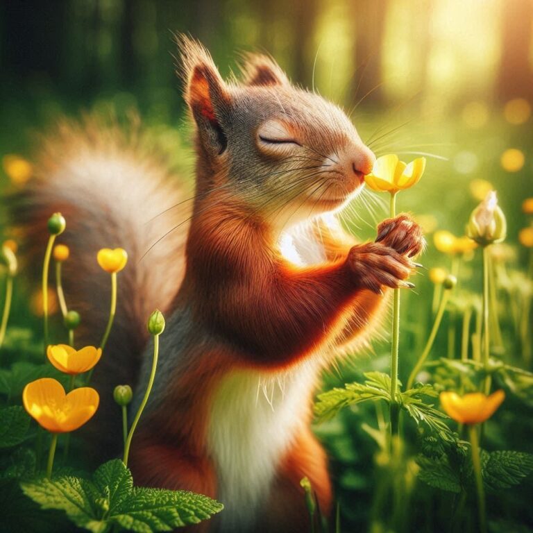 Squirrel Sniffing Buttercup Meadow