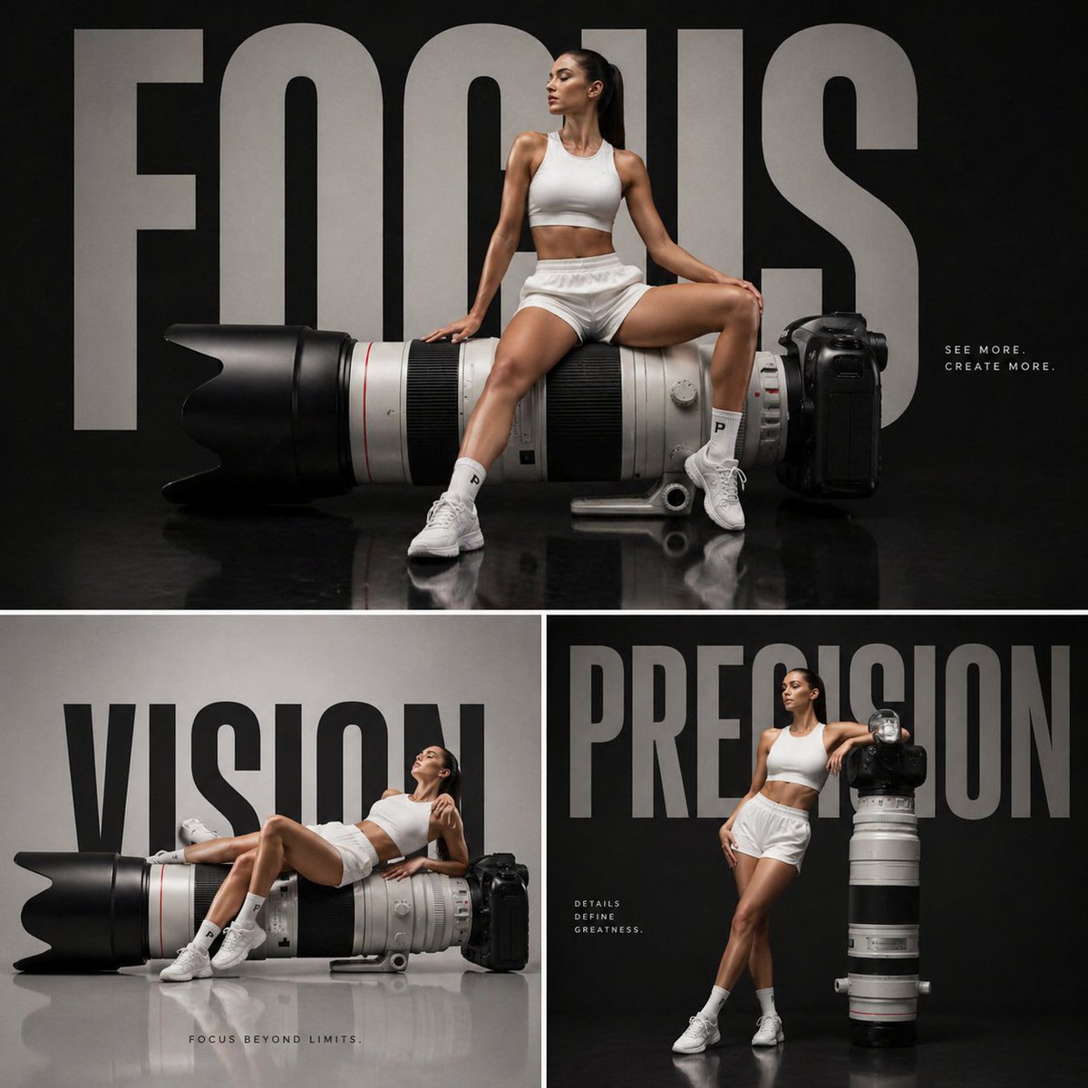 Fashion Model Sitting on a Telephoto Lens