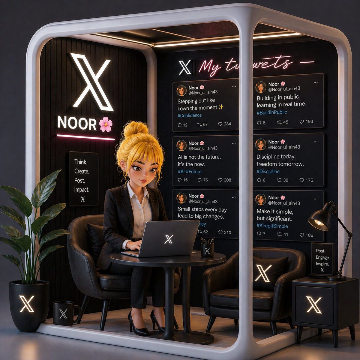 X Brand Office Kiosk Under Neon Lights