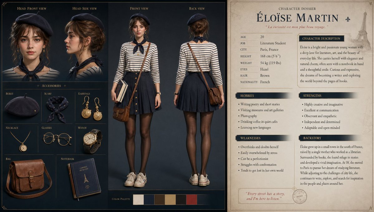3D French Schoolgirl Character Design Sheet