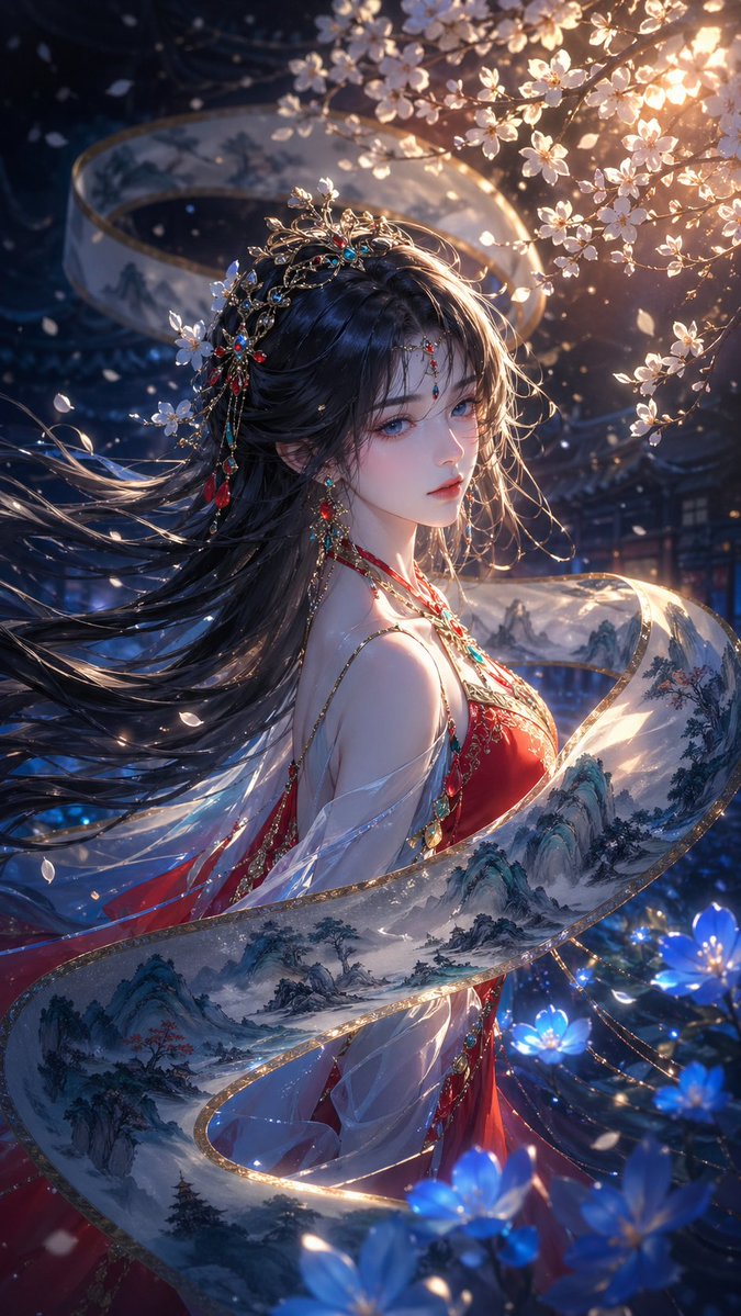 Chinese Style Girl Surrounded by a Landscape Scroll