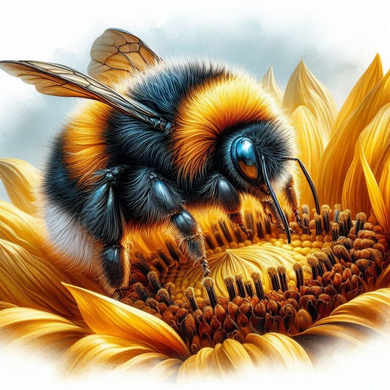 Fluffy Bumblebee on Sunflower Close-Up