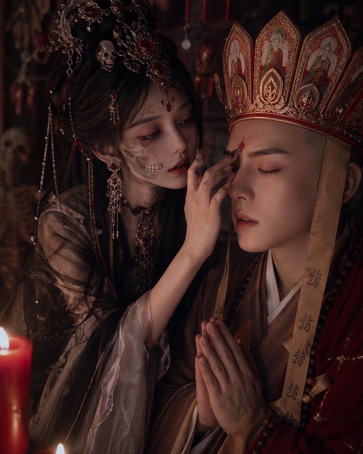 White Bone Demon and Tang Monk Nose to Nose