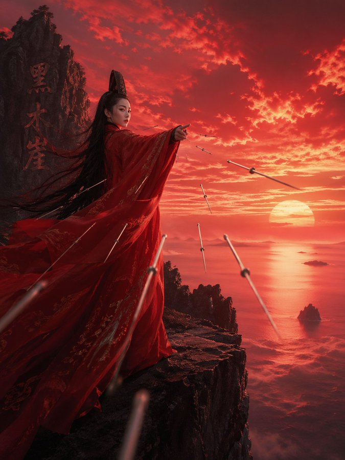 Red Robed Figure With Flying Needles on Heimu Cliff