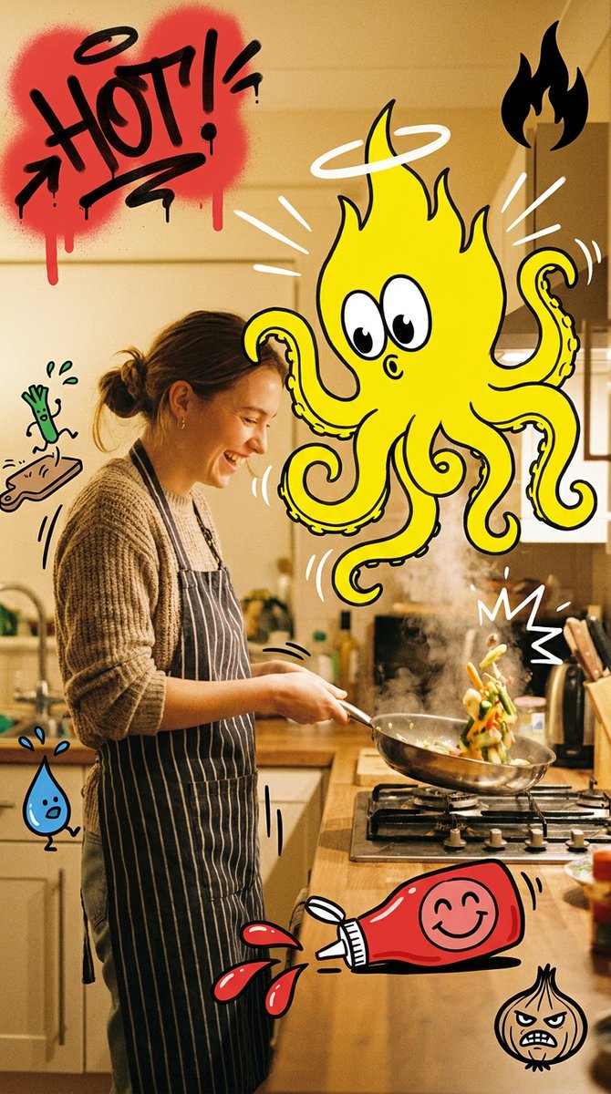 Flaming Octopus in a Hot Graffiti Kitchen