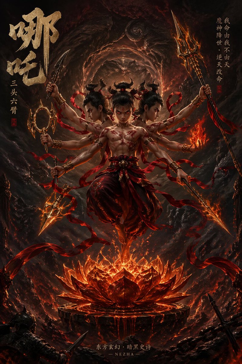 Dark Epic Style Nezha Floating in the Void