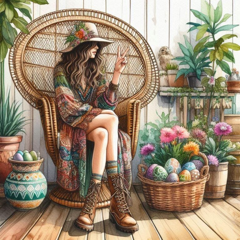 Person on Peacock Chair with Eggs