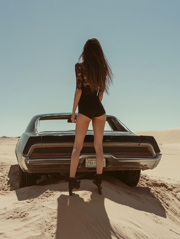 Girl on Retro Car in Desert