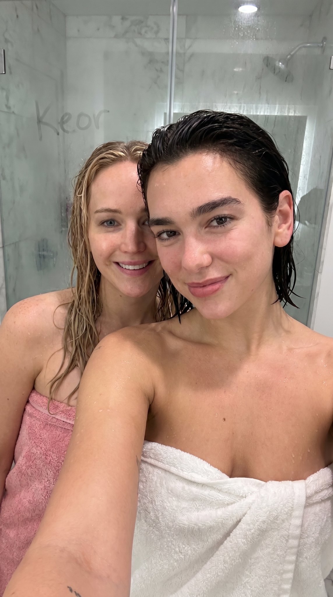 Dua Lipa Jennifer Lawrence Wet Towel Selfie