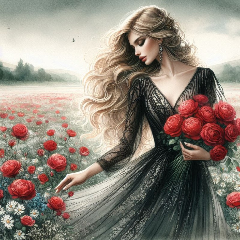 Dreamy Woman with Roses in Field