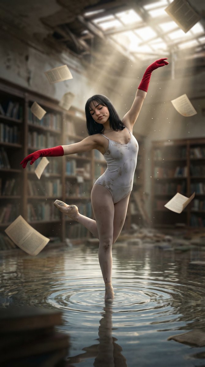 Ballerina Dancing In Flooded Library