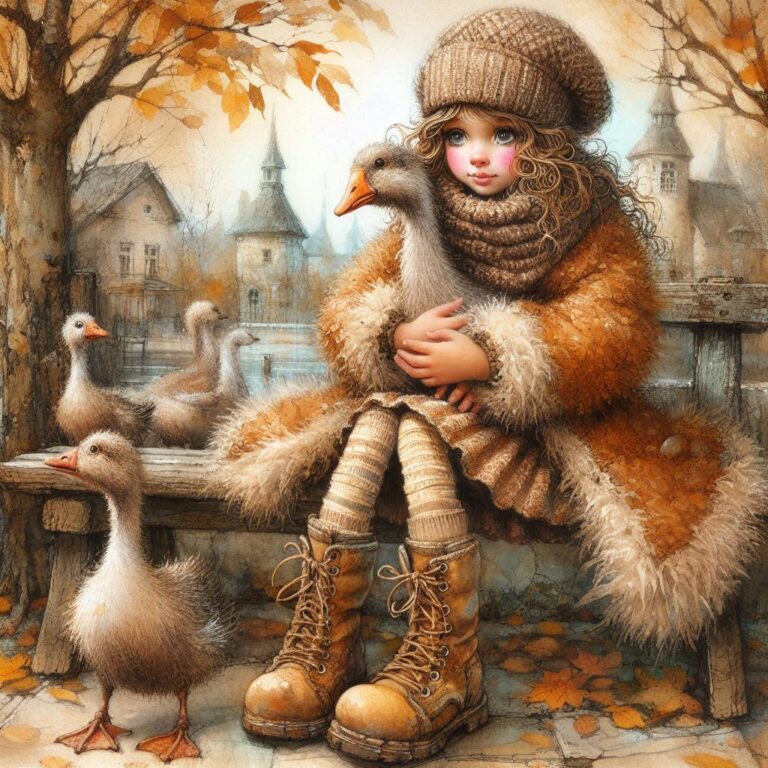 Whimsical Girl with Goose Illustration