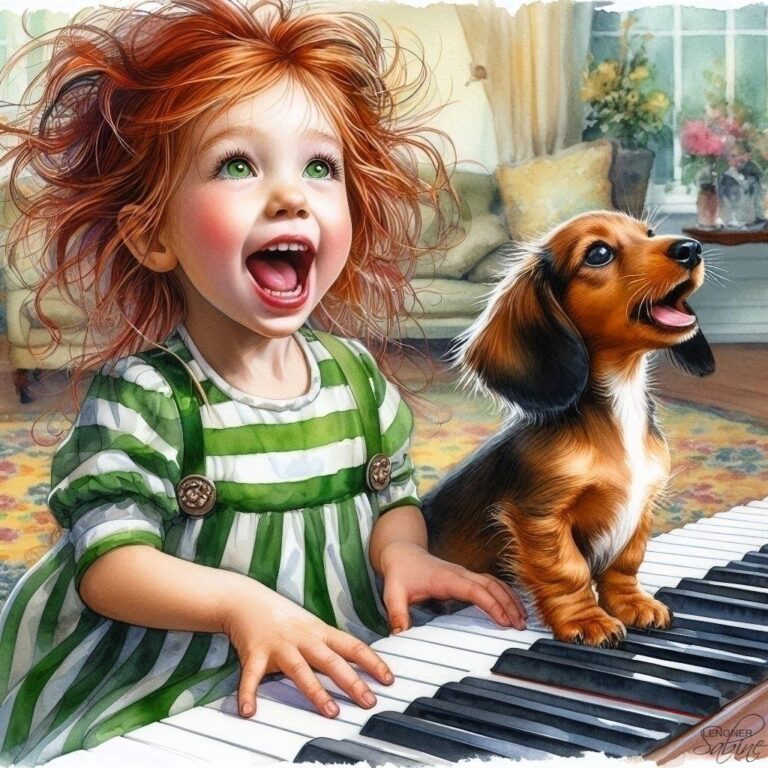 Girl Playing Piano with Puppy