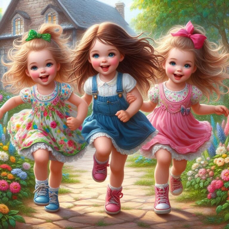 Cute Girls Playing in Garden