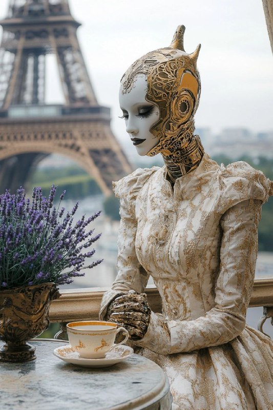 Cinematic Robot Woman at Eiffel Tower Balcony