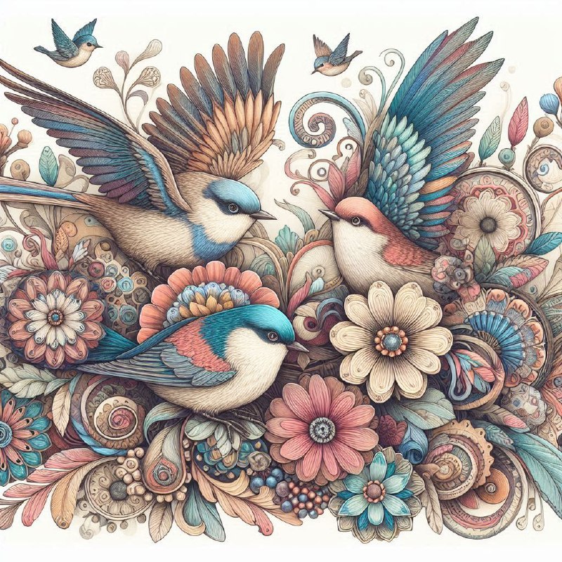 Pastel Birds and Flowers Illustration