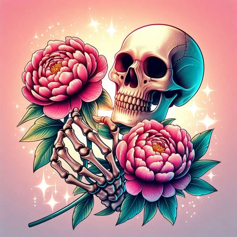 Skeleton Hand Holding Peonies