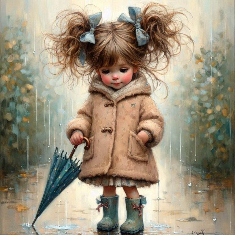 Whimsical Girl with Umbrella and Boots