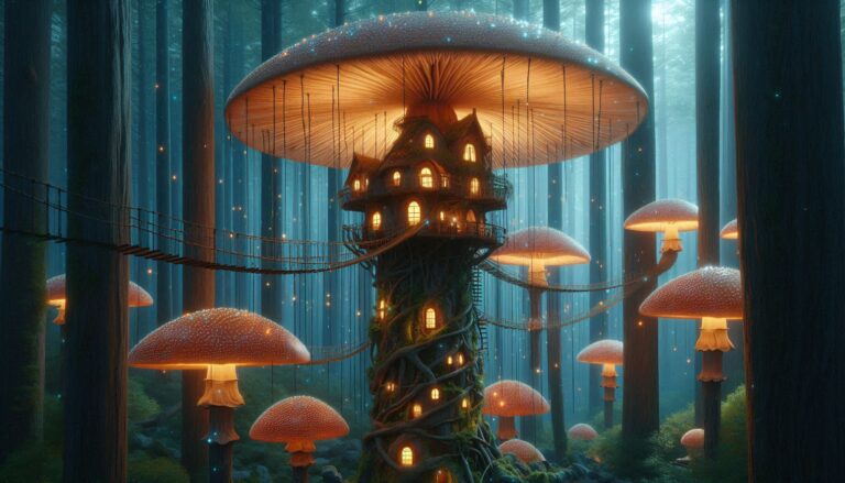 House Among Giant Bioluminescent Mushrooms