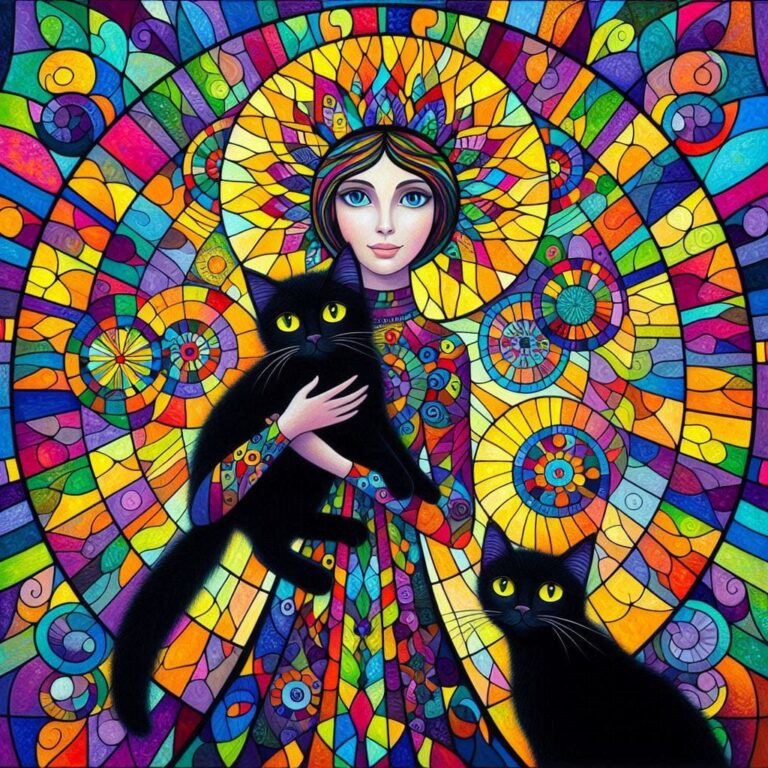 Whimsical Woman with Cats in Stained Glass