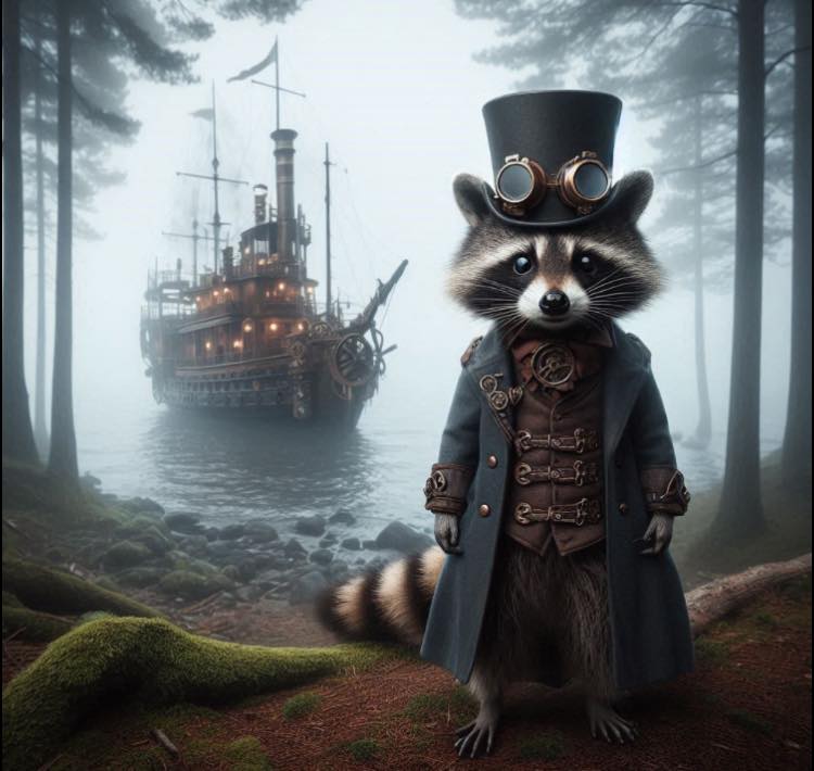 Steampunk Raccoon Overlooking Foggy Sea