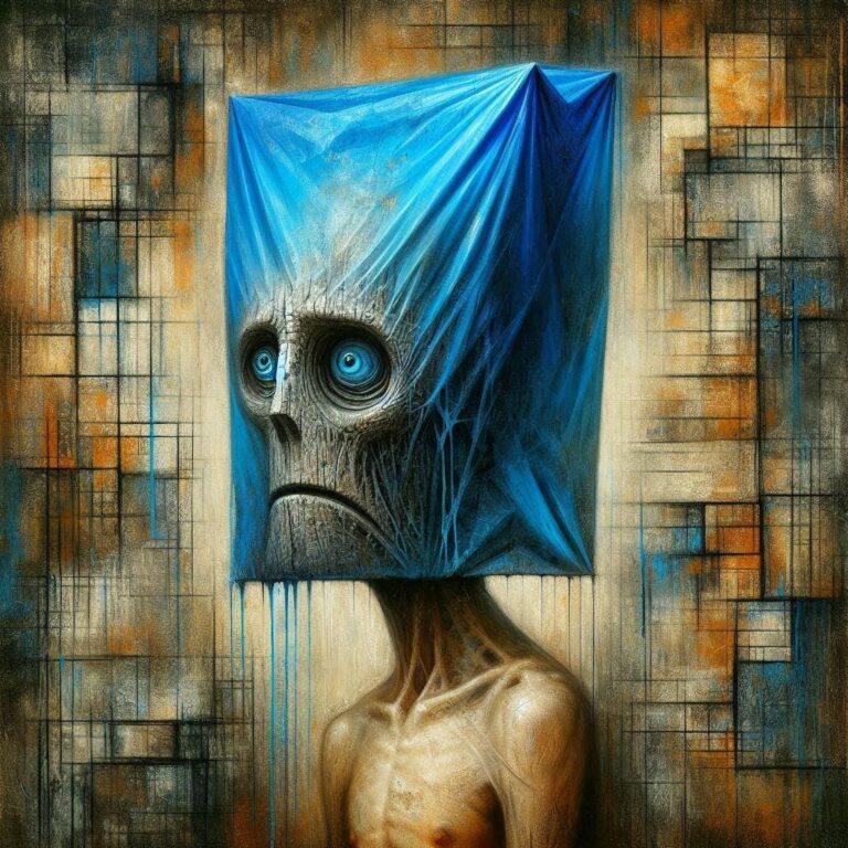 Surreal Stick Man with Blue Bag