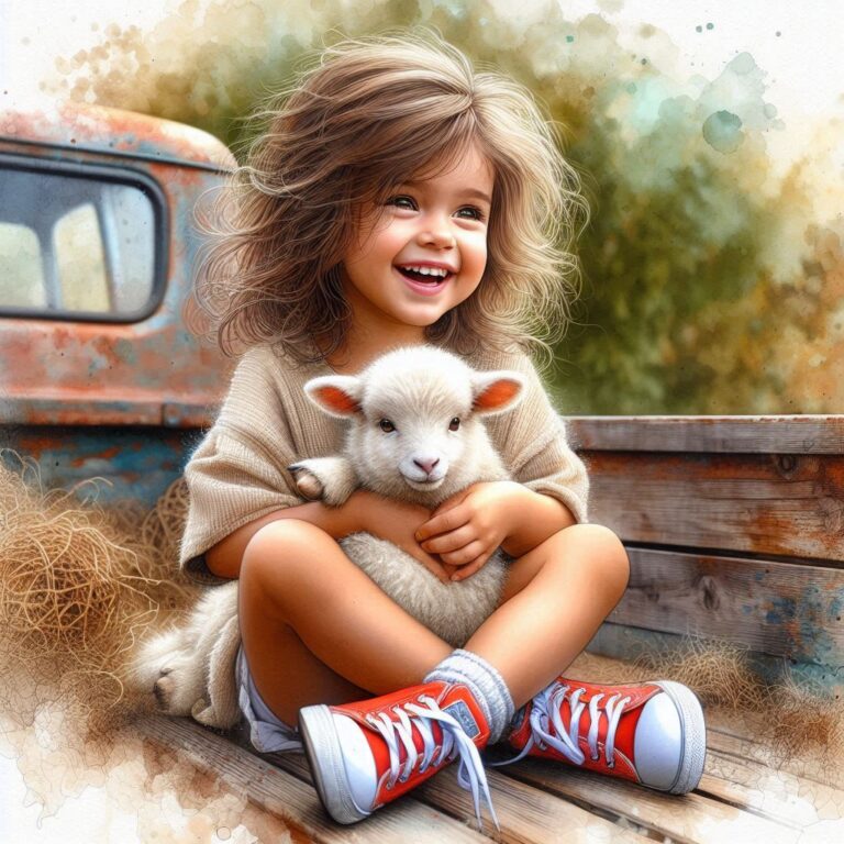 Ethereal Girl Hugging Lamb Realistic