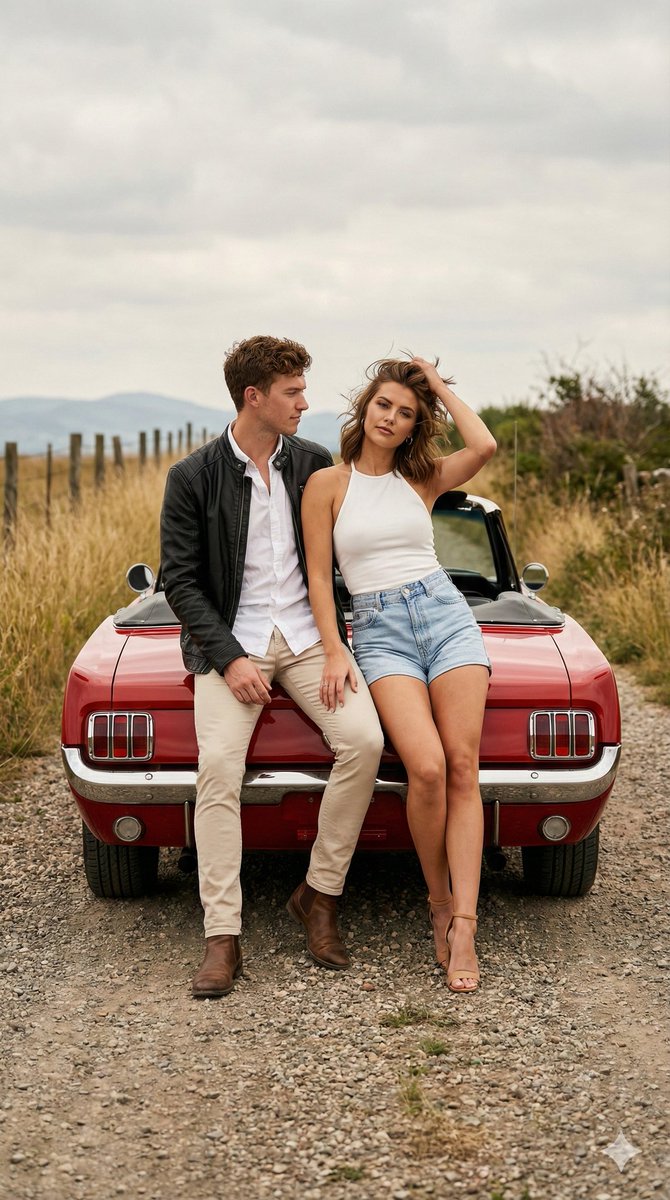 Vintage Couple on Red Mustang