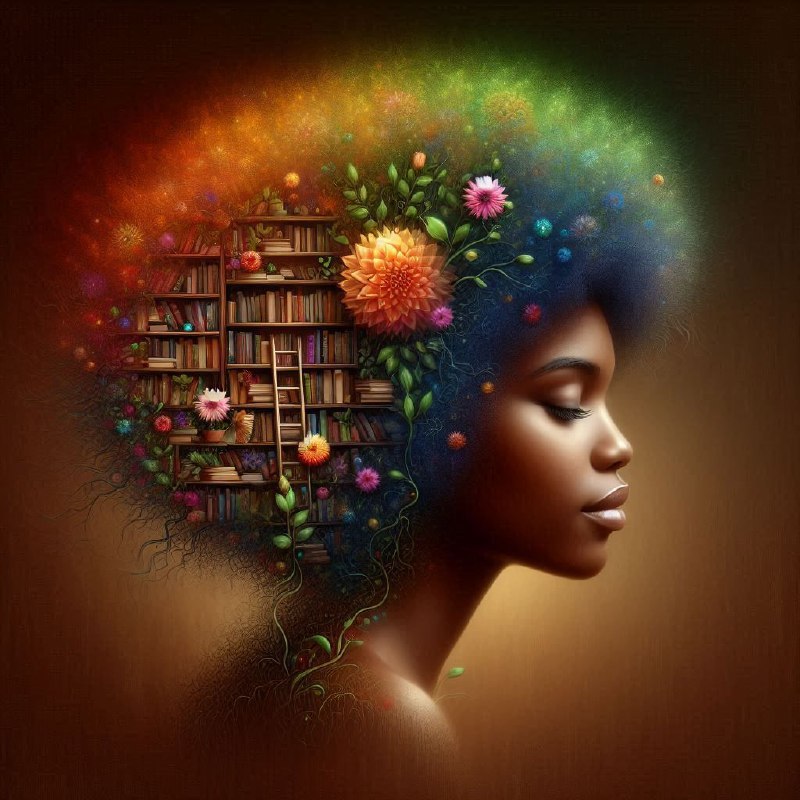 Whimsical Bookshelf Afro Portrait