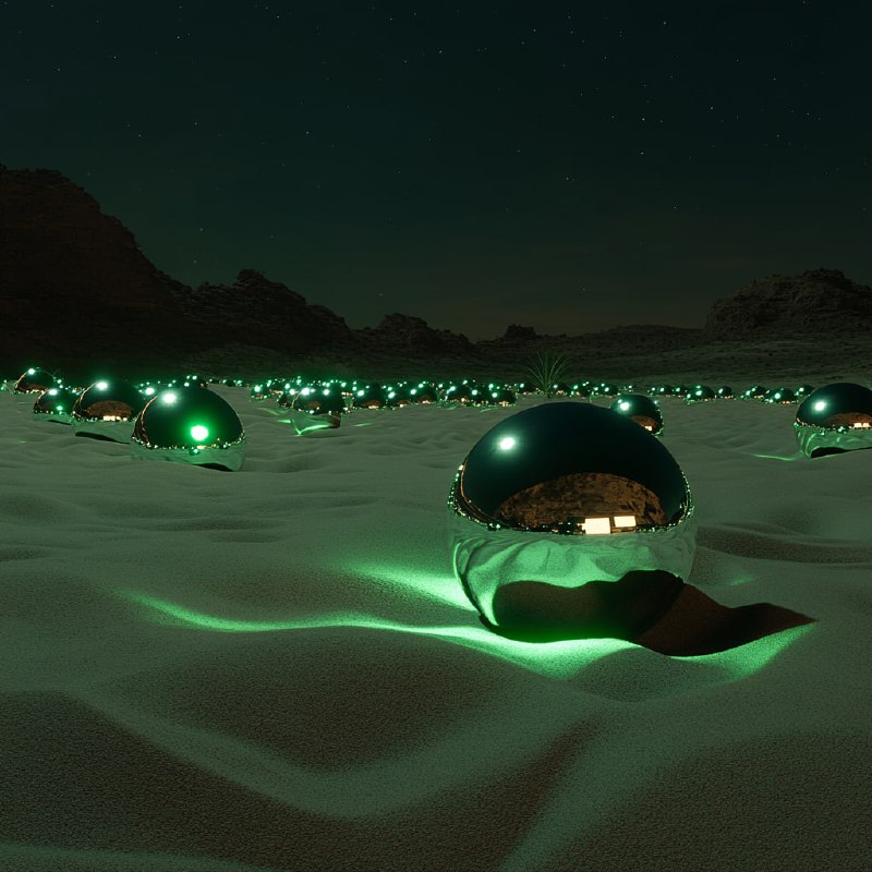 Desert Night with Green Light Orbs
